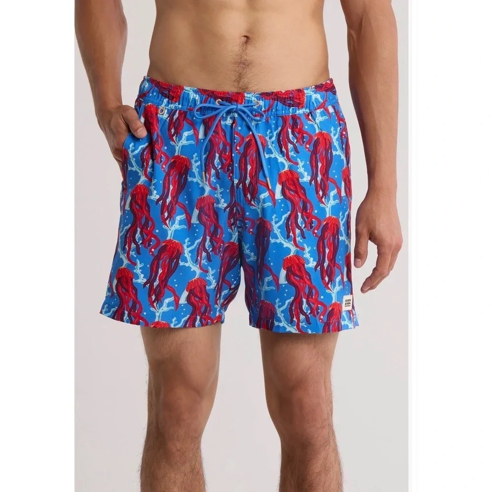 NWT Scotch & Soda Mens Jellyfish Print Swim Trunks Palace Blue Red XL New